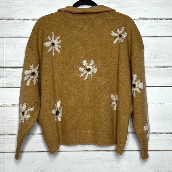 Easel Daisy Floral Zip Up Sweater Brown Tan Flower Knit Cardigan Size Small - Picture 2 of 7